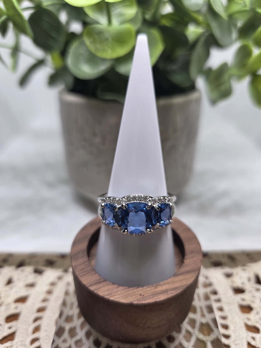 BP Three-Stone Blue Sapphire Halo Ring